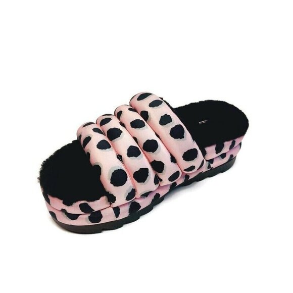 UGG Womens 8 Maxi Slide Cheetah Print Sheepskin Platform Slippers Pink Scallop - Picture 3 of 8